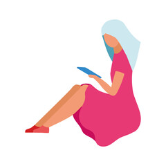 Woman looking at tablet semi flat color vector character. Sitting figure. Full body person on white. Gadget addiction isolated modern cartoon style illustration for graphic design and animation