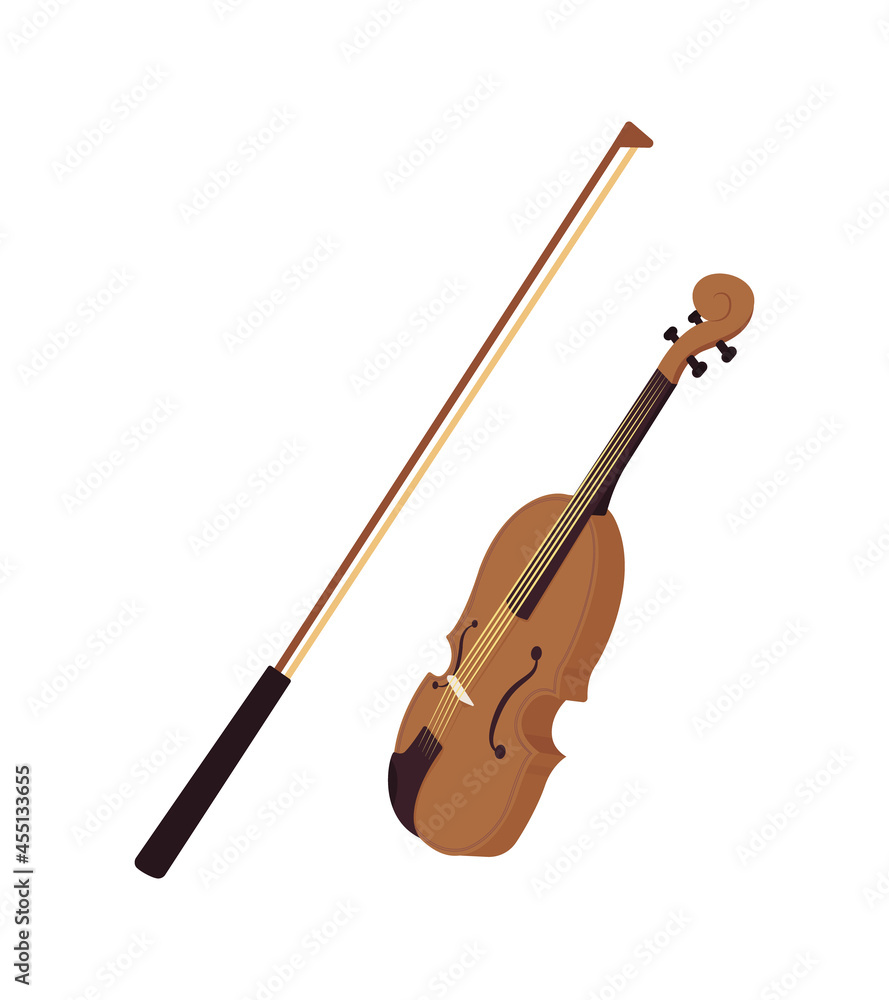 Poster violin with bow semi flat color vector object. full sized item on white. string instrument for live 