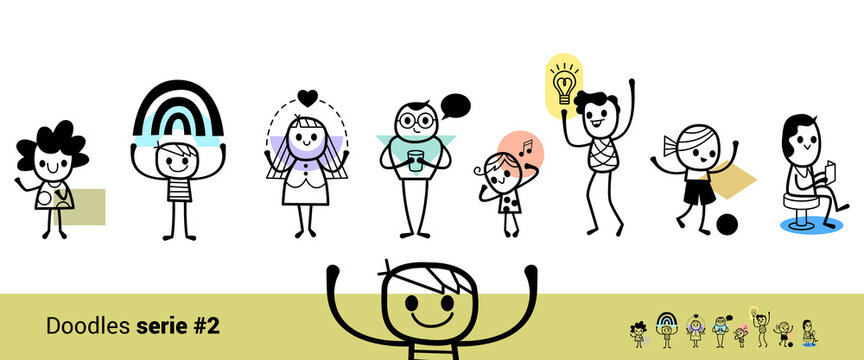 Doodle trait personnages dessin b&acirc;ton vecteur illustration stick figure &eacute;ditable noir et blanc vie quotidienne expression famille groupe