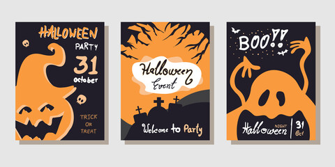 Three frames, set of Halloween for your designs such party invitations, greeting cards, posters,etc. by handwritten, vector illustration