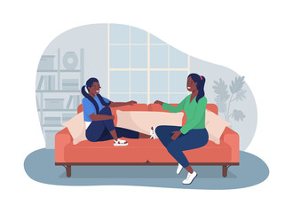 Teenager talk with mom 2D vector isolated illustration. Leisure at home. Daughter speaking with mother flat characters on cartoon background. Girl sit with parent on couch colourful scene