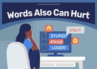 Anti cyberbullying poster flat vector template. Teen problem. Brochure, booklet one page concept design with cartoon characters. Social media harassment flyer, leaflet with copy space
