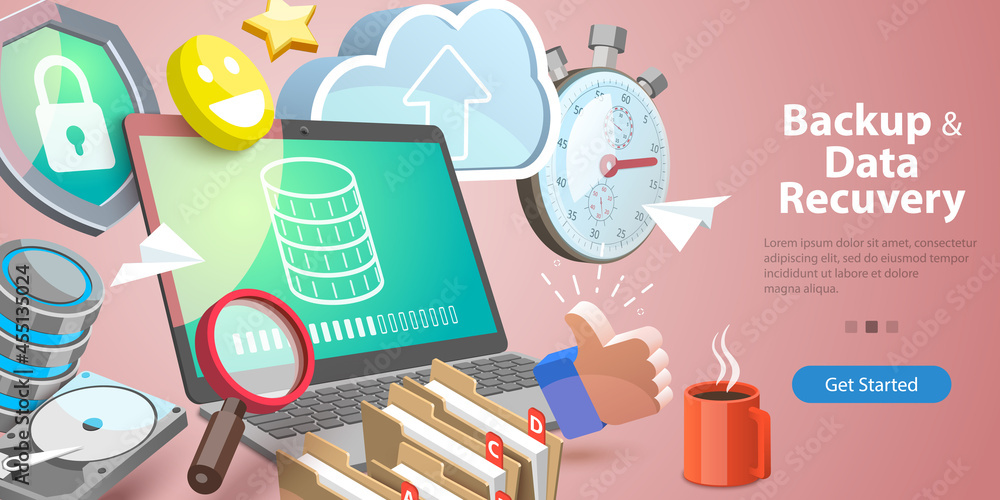Poster 3d vector conceptual illustration of data recovery service, cloud backup technologies