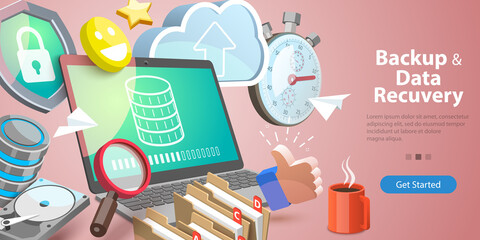 3D Vector Conceptual Illustration of Data Recovery Service, Cloud Backup Technologies