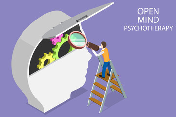 3D Isometric Flat Vector Conceptual Illustration of Open Mind Psychotherapy, Mental Health Treatment