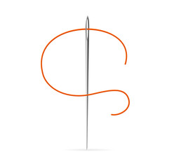 Realistic Detailed 3d Metal Sewing Needle with Red Thread. Vector