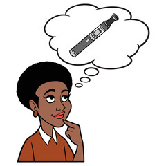 Woman thinking about Vaping - A cartoon illustration of a Woman thinking about a Vape pen for smoking.