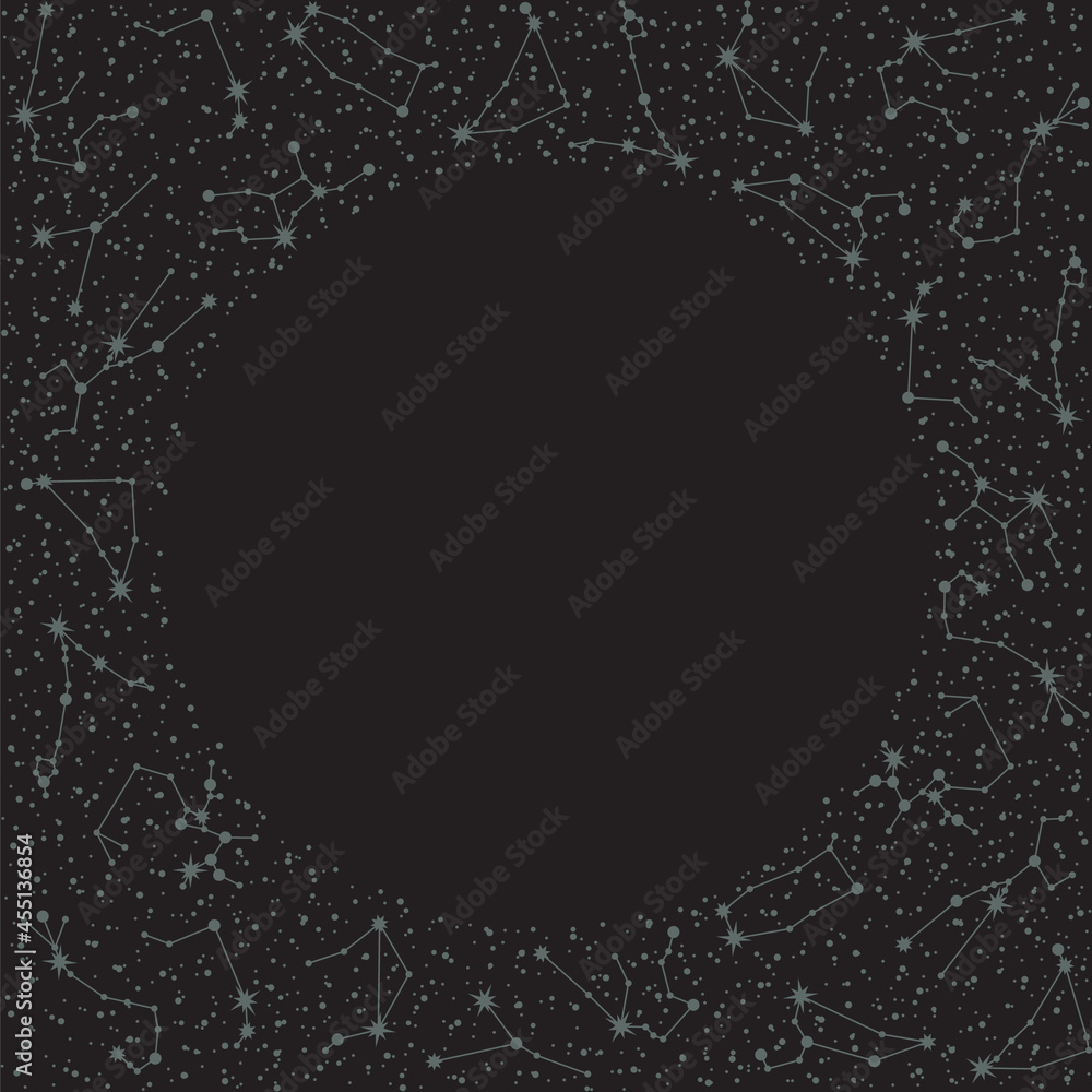 Wall mural vector dark zodiac constellations background with a round copy space. celestial frame with horoscope