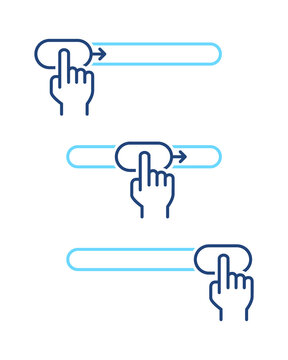 Set Of Left To Right Hand Button Switches. On, Off Toggle Slider Blue Line Icons. Lock And Unlock Control Symbols