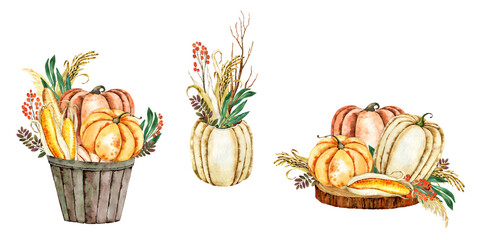 Pumpkins, corn, fall leaves  watercolor set. Hand drawn autumn, fall, thanksgiving. Natural organic vegetarian food, harvest. Fall wedding invitation, card, background, poster, banner,template
