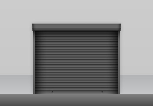 Realistic black roller shutter door on grey storage wall. Industrial roller shutter for metal gate. Closed garage door