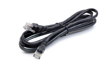 LAN cable isolated on white background, ethernet cable, black patch cord full duplex network cable