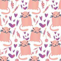Vector seamless pattern cartoon decorative design cute cats in pastel tones with hearts