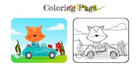 Fototapeta premium Cartoon of funny fox on blue car with nature background, coloring book or page suitable for multiple purpose