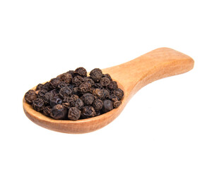 Dried aromatic full pepper spices in wooden spoon isolated on the white background