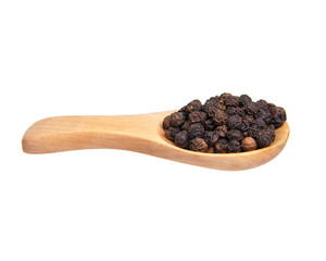 Dried aromatic full pepper spices in wooden spoon isolated on the white background