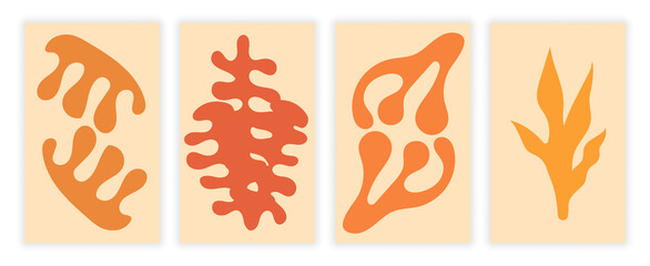 Abstract posters with organic shapes. Set of images with sea leaves, corals and pink backdroup. Design elements for covers and wall decoration. Cartoon flat vector collection on white background