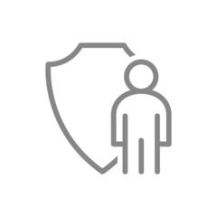 Protective shield and human line icon. Personal safety, bodyguard, protection of people