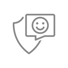 Protective shield with happy face in buble speech line icon. Protection, emoji rating, feedback, positive assessment,