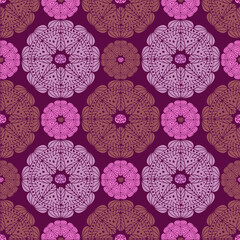 Vector seamless pattern colorful design of abstract lined flowers in red and pink tones