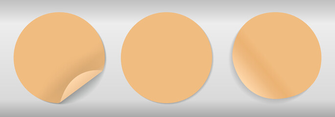 Circle adhesive symbols set. Geometric gradient sticker in golden shade for reminder. Digital design element for website, poster and banner. Realistic 3D vector collection isolated on gray background