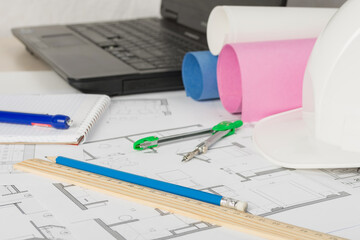 Work desk of an architect, engineer, builder. Concept for the design of the construction of new buildings.