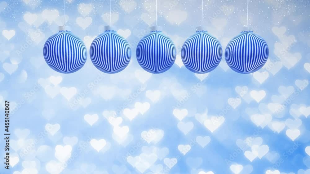 Poster blue white christmas baubles swing on a string with lines pattern on a heart symbols motion copy spa