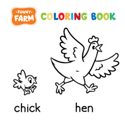 Chicken and hen coloring book. Farm animals
