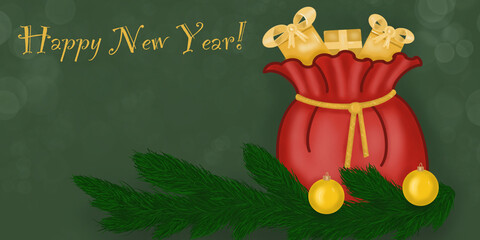 A bag of gifts. New Year's gifts, a postcard. illustration.