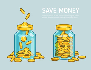Coins accumulate in jar savings money concept vector illustration.  Full glass donation jar with money