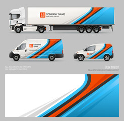 Vector Van, truck trailer realistic mockup with wrap decal for livery branding identity design. Abstract graphic of red and blue stripes wrap, sticker and decal design for transport - obrazy, fototapety, plakaty