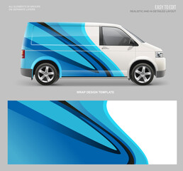 Realistic vector Van mockup with wrap decal for livery branding design and corporate identity. Abstract graphic of blue and black stripes wrap, sticker and decal design for transport