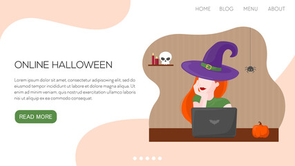 Vector flat illustration landing page or template online woman witch with glass of wine. Halloween concept.