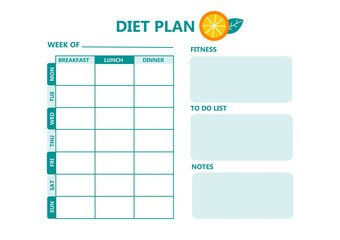 Diet plan schedule. Planning dieting meals for a week.