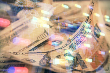 Double exposure of data theme drawing over us dollars bill background. Technology concept.