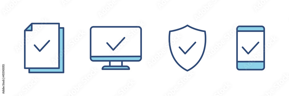 Poster check icon line set. approve linear signs group isolated on white.