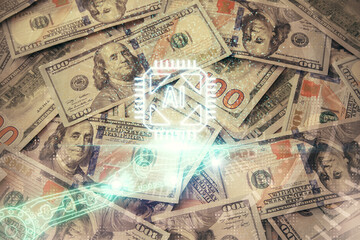 Double exposure of data theme drawing over us dollars bill background. Technology concept.