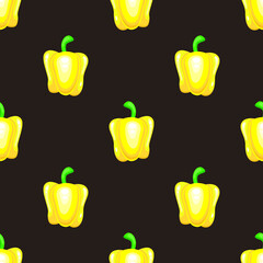 Yellow sweet pepper vegetables on brown background seamless pattern. Vector illustration.