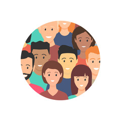 Diverse people standing together in round shape. Concept of diversity men and women. Human social diversity crowd in circle. Vector illustration isolated on white.