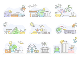 Travelling Around the World and Journey to Other Country for Vacation Line Vector Set