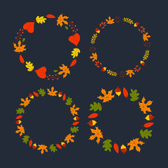 Vector wreath of autumn leaves and fruit in watercolor style. Beautiful round wreath of yellow and red leaves, acorns, berries, cones and branches. Decor for invitations, greeting cards, posters.