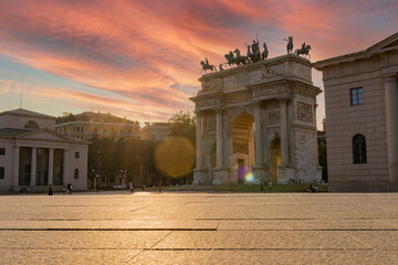 Naklejka premium Arch of Peace in milan at sunset. It is one of the main symbols of the city of Milan, Lombardy, Italy, Europe