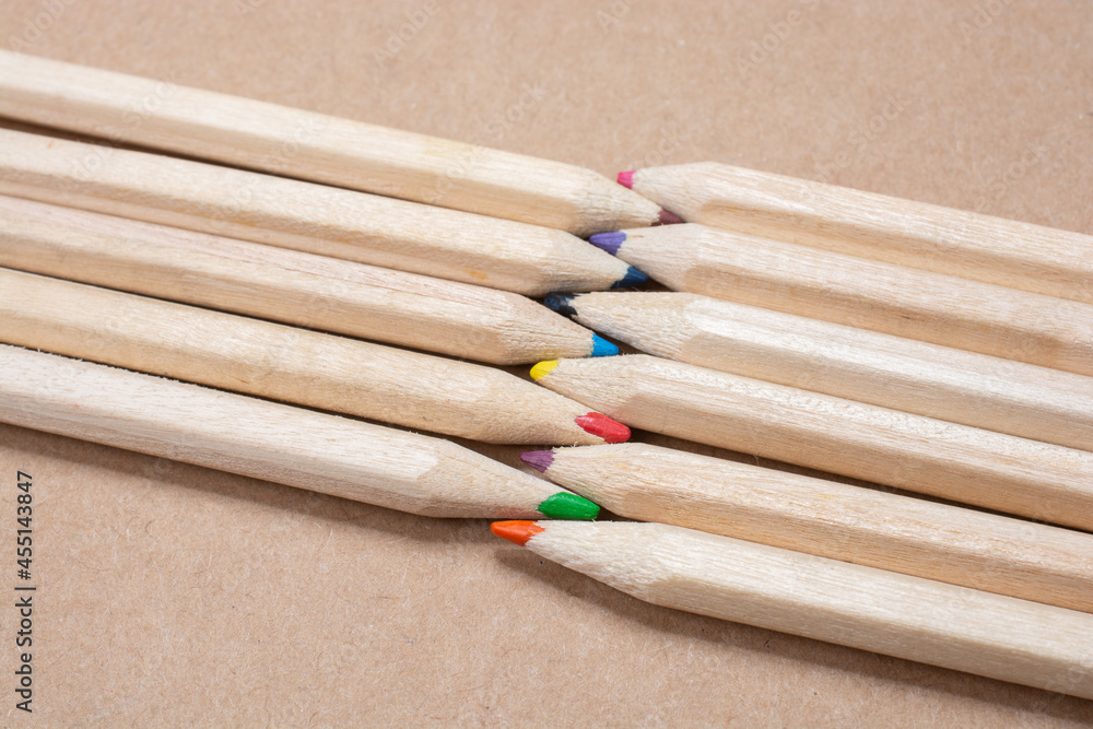 Sticker Closeup of coloring pencils assembled on a surface