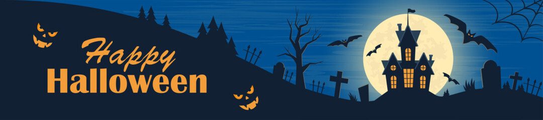 Halloween poster, scary party invitation flyer, banner. Dark castle, moon, bats, graves, tombstones, crosses, tree, owl, pumpkins. Halloween night vector illustration.