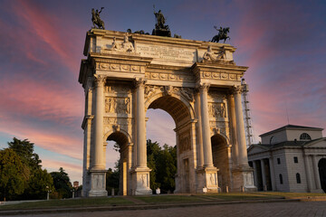Fototapeta na wymiar Arch of Peace in milan at sunset. It is one of the main symbols of the city of Milan, Lombardy, Italy, Europe