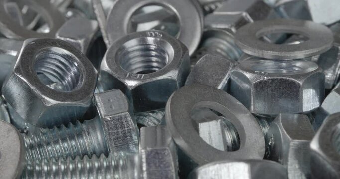 Bolts, washers and nuts close-up. Fasteners.