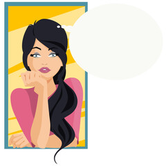 Beautiful woman face thinking. Cute dreaming girl. Illustration for internet and mobile website.