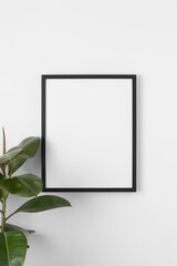 Black frame mockup on the wall with a ficus plant.