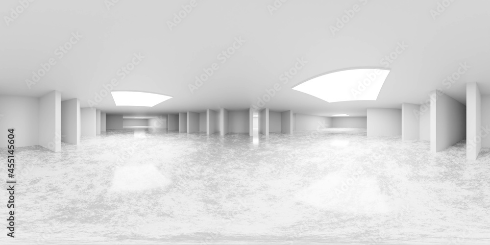 Poster full spherical 360 degrees panorama projection of empty white abstract hall interior 3d render illus