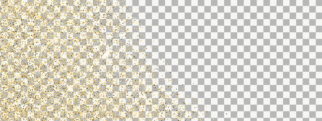 Sparkling falling gold dust on transparent background. Vector horizontal background with glitter and space for text.
